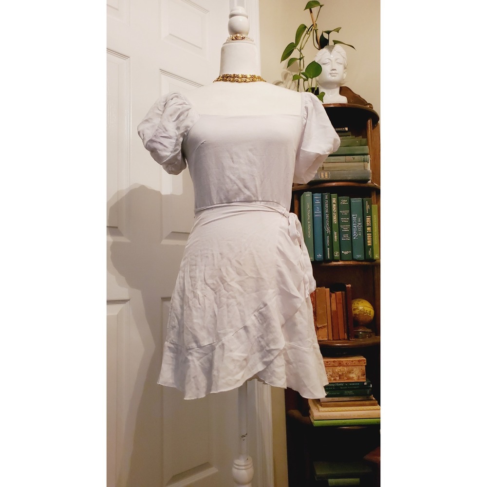 Trixxi Women White Puff Sleeve Ruffle Faux Wrap Mini Dress Size Small